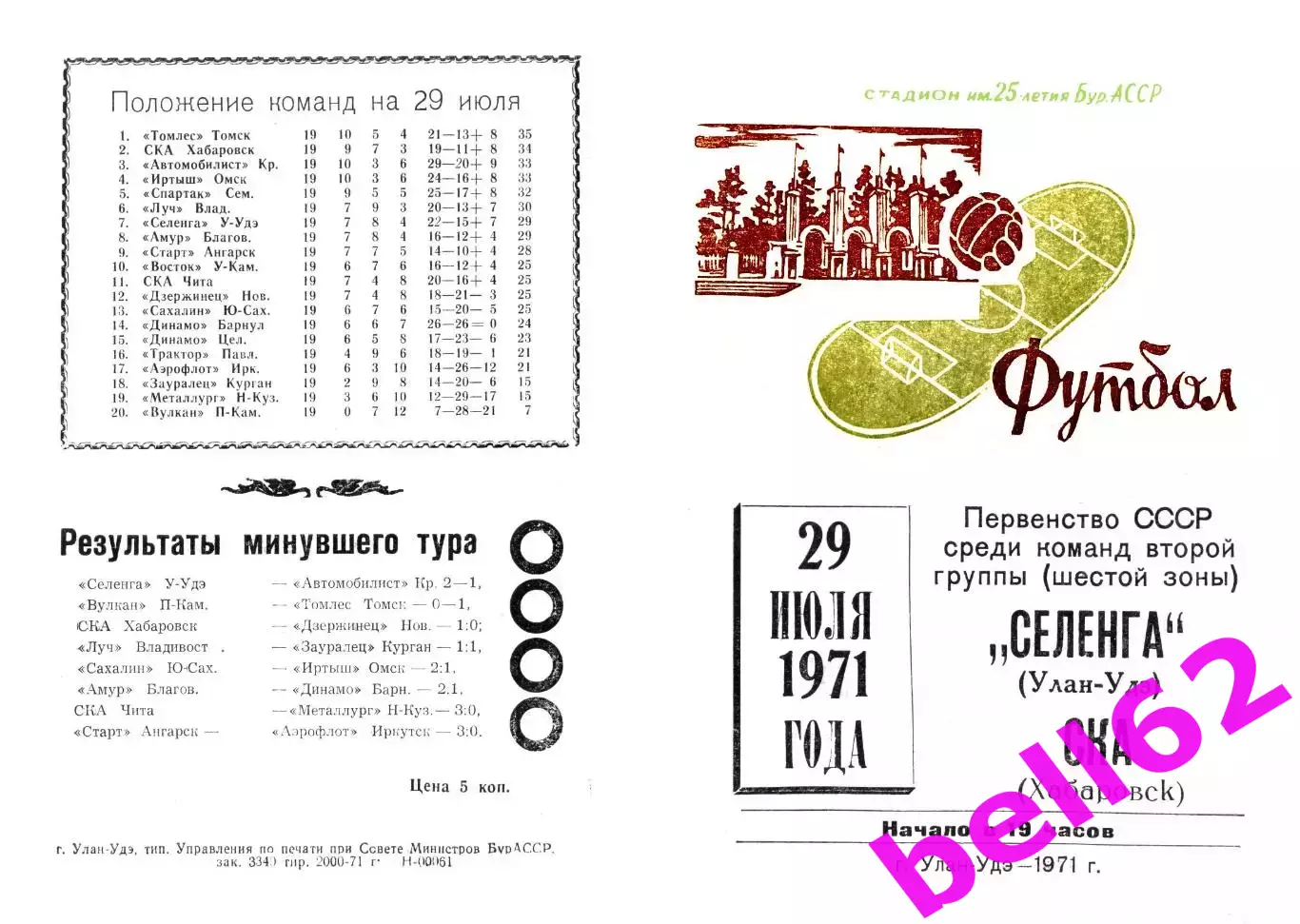 Селенга Улан-Удэ-СКА Хабаровск-29.07.1971 г.