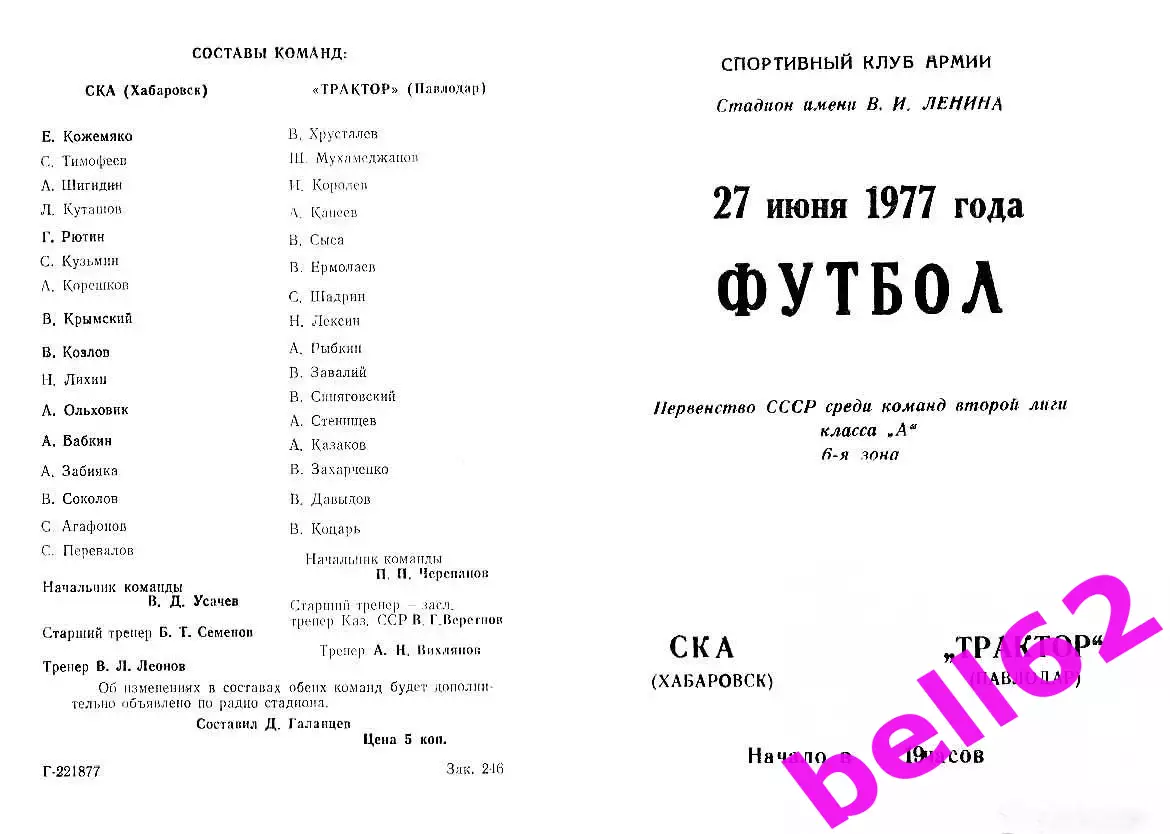 СКА Хабаровск-Трактор Павлодар-27.06.1977 г.