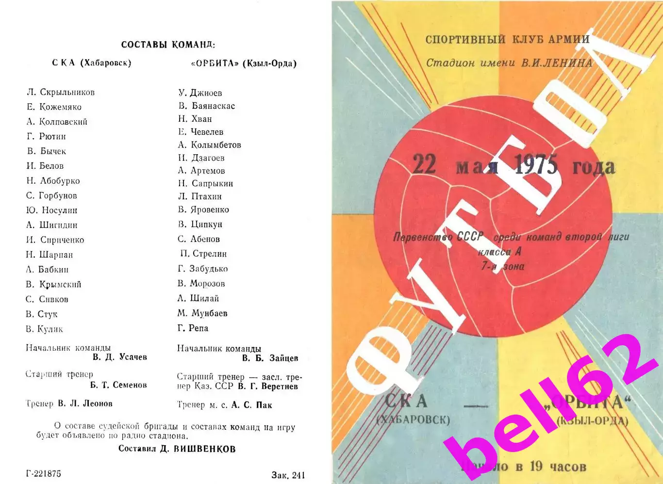 СКА Хабаровск-Орбита Кзыл-Орда-22.05.1975 г.