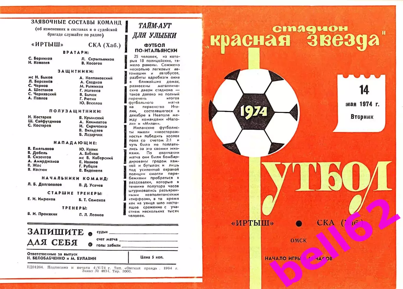 Иртыш Омск-СКА Хабаровск-14.05.1974 г.