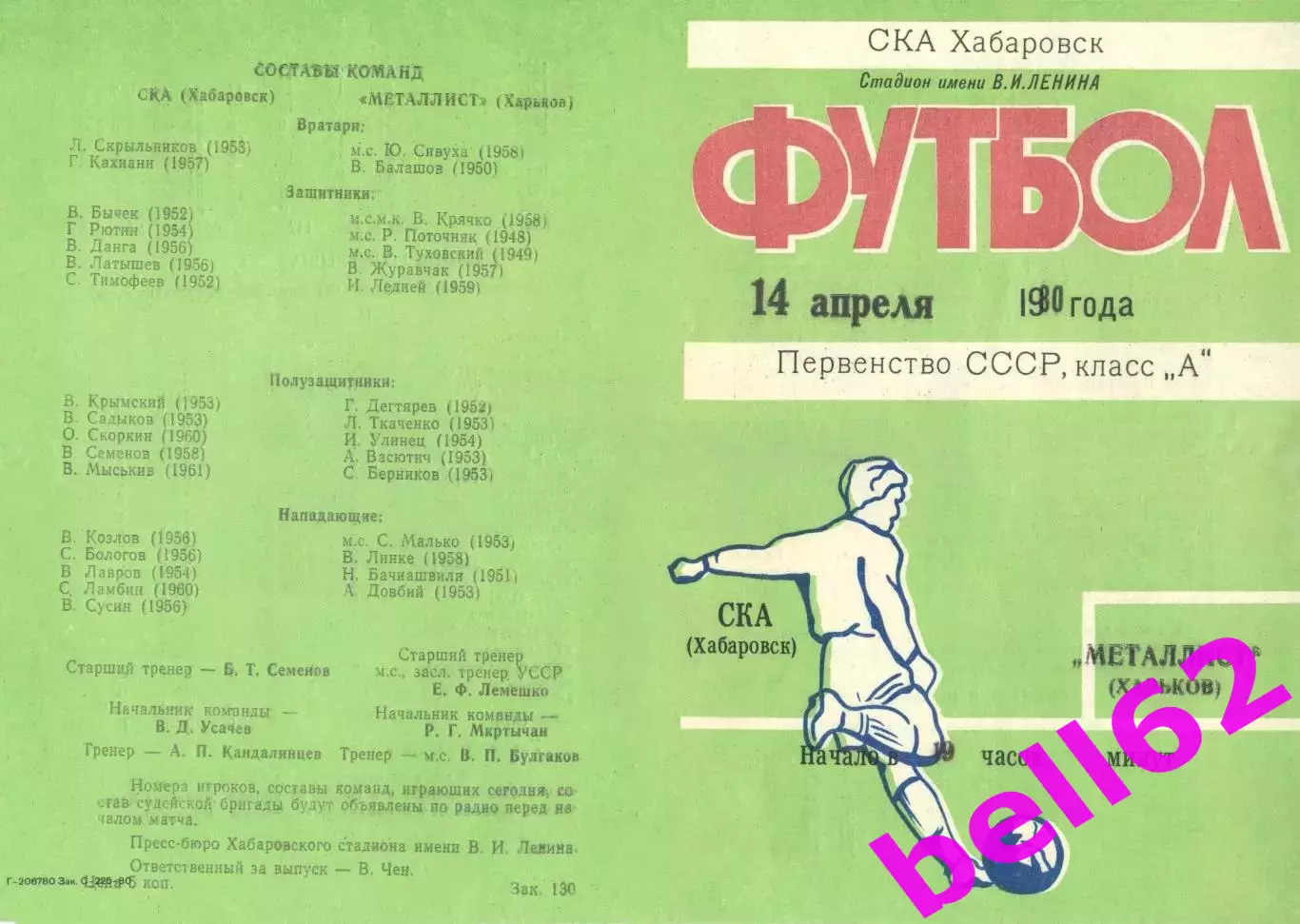 СКА Хабаровск-Металлист Харьков-14.04.1980 г.