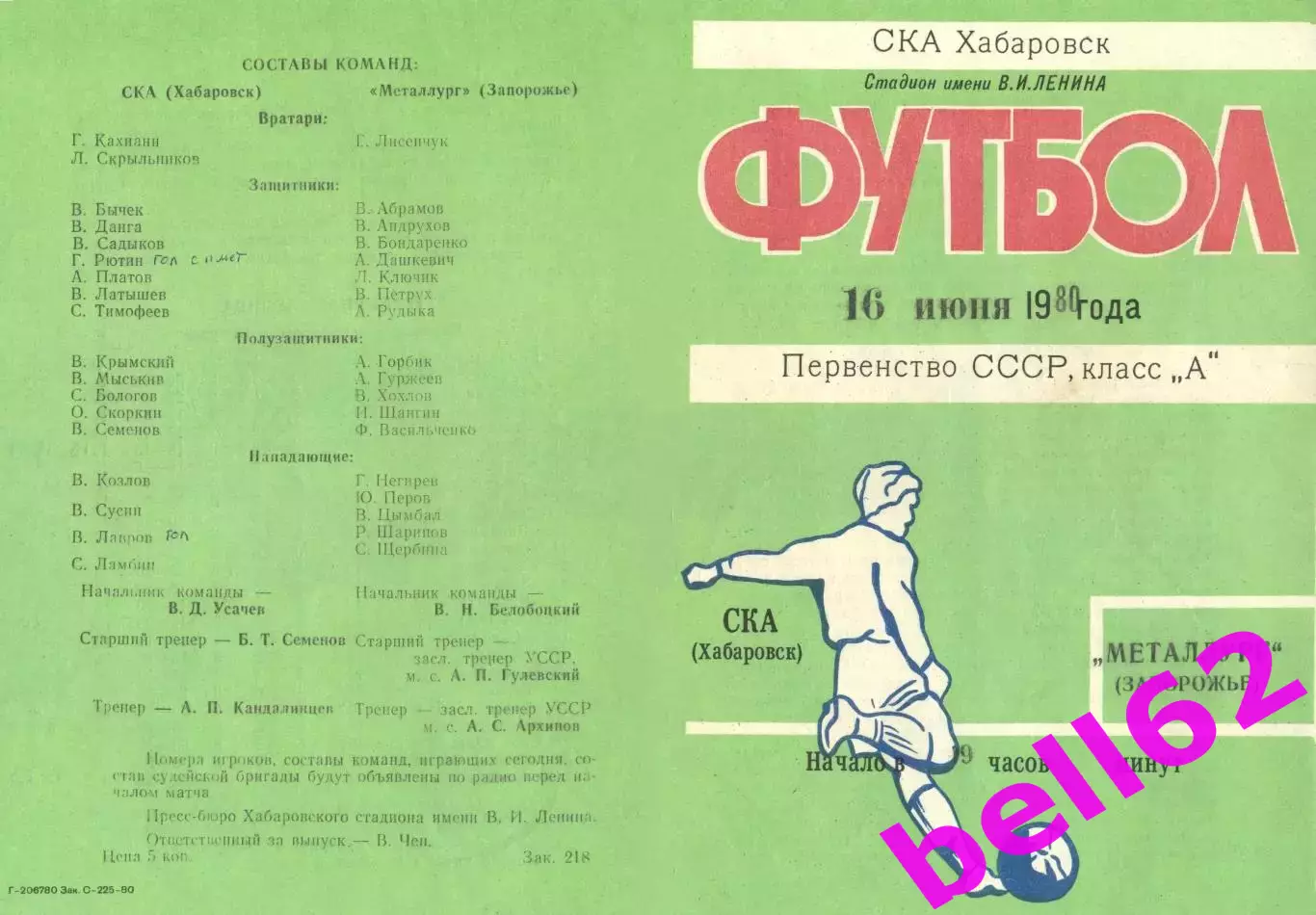 СКА Хабаровск-Металлург Запорожье-16.06.1980 г.