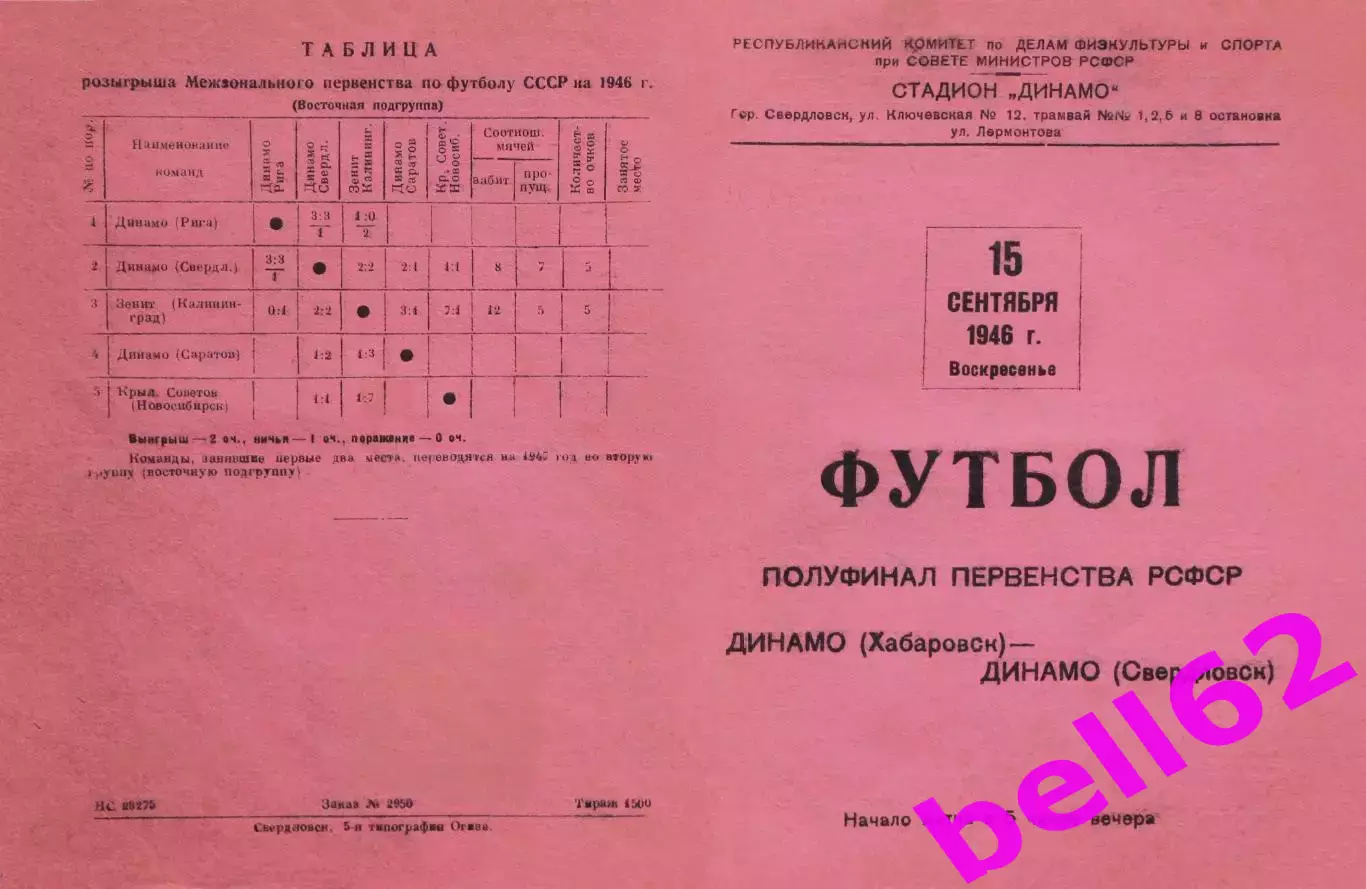 Динамо Хабаровск-Динамо Свердловск-15.09.1946 г.