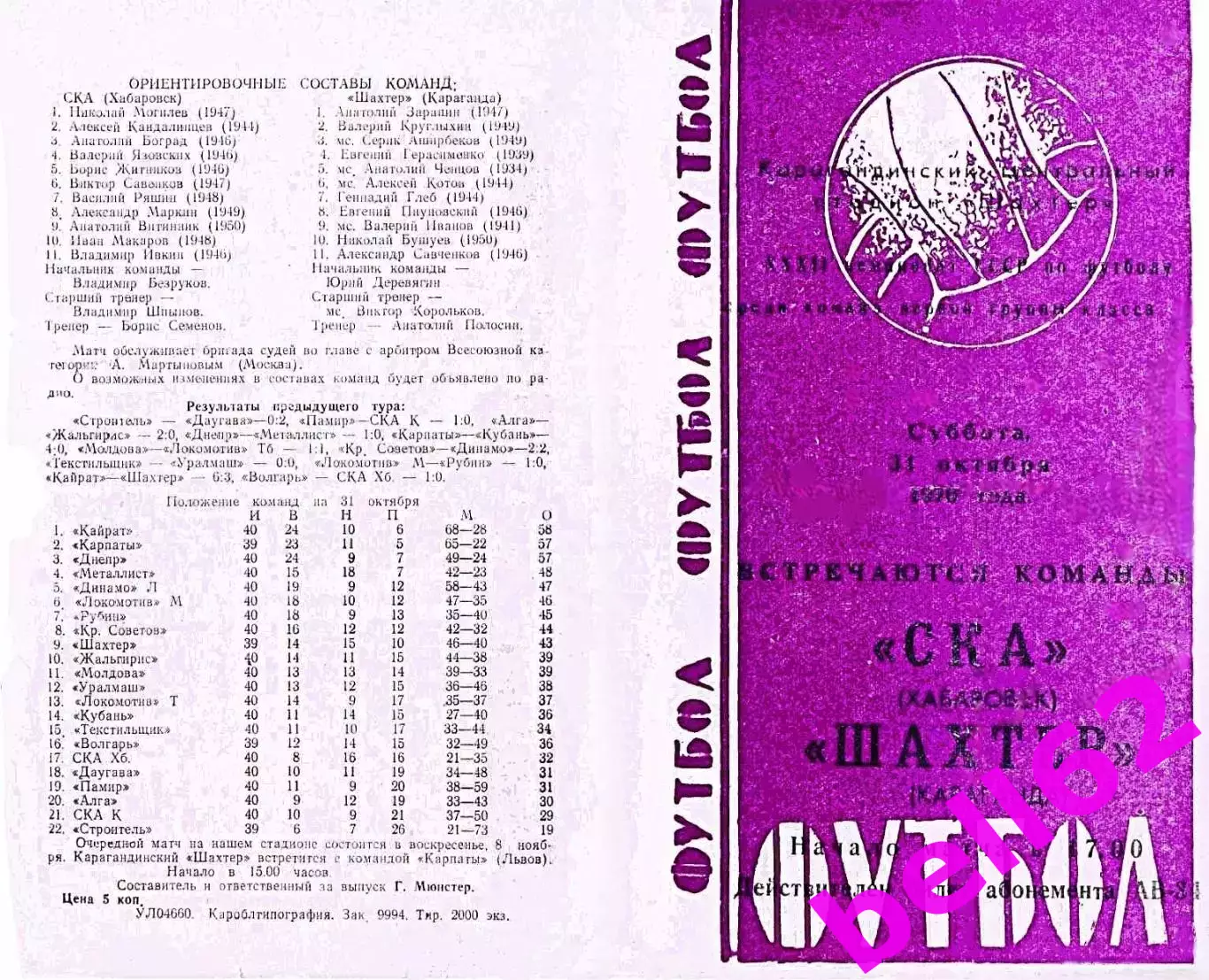 Шахтер Караганда-СКА Хабаровск-31.10.1970 г.