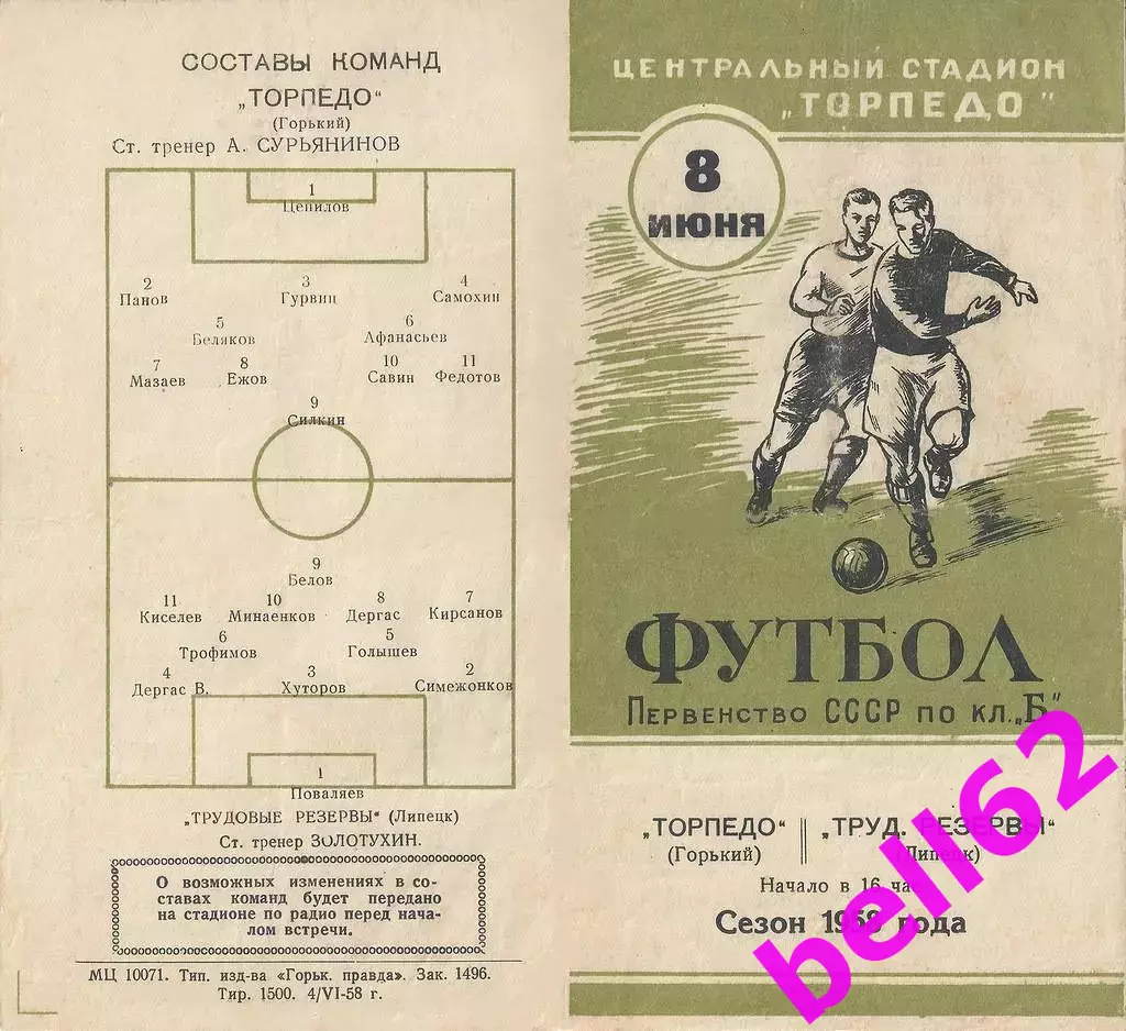 Торпедо Горький-Трудовые резервы Липецк-08.06.1958 г.
