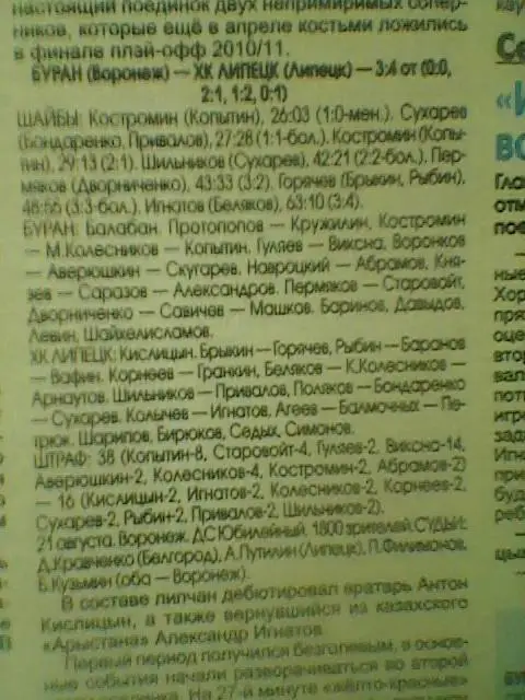 Отчет матча Буран(Воронеж)-ХК Липецк(Липецк)-21.08.2011г.Турни р.