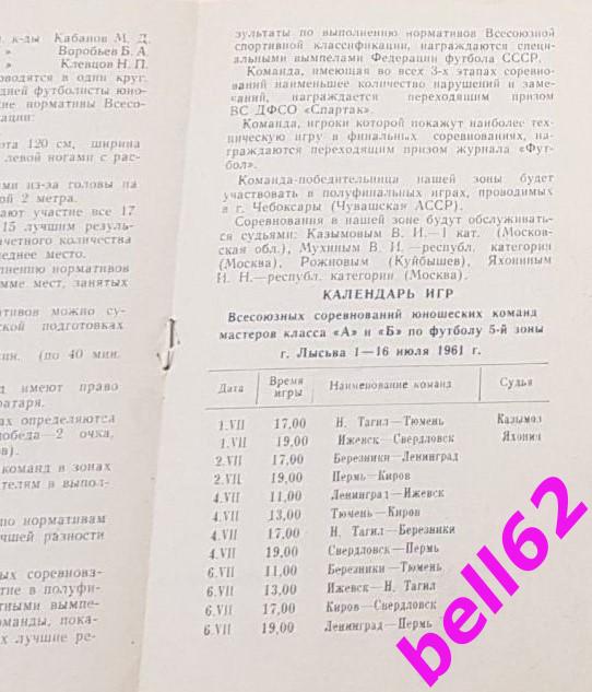 Турнир юношеских команд мастеров по футболу-01-16.07.1961 г. г. Лысьва, Пермский 1