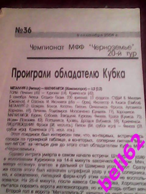 Отчет матча Металлург-2 Липецк-Магнит-МГОК Железногорск-05.09.2004 г.