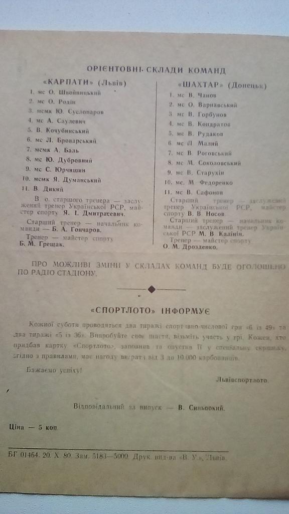 Карпаты Львов - Шахтер Донецк 1980 высшая лига 1