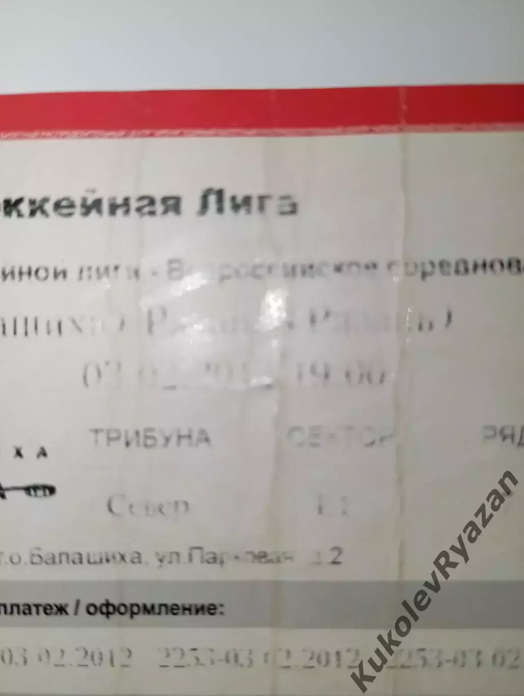 Билет Динамо Балашиха Рязань ВХЛ 03.02.2012