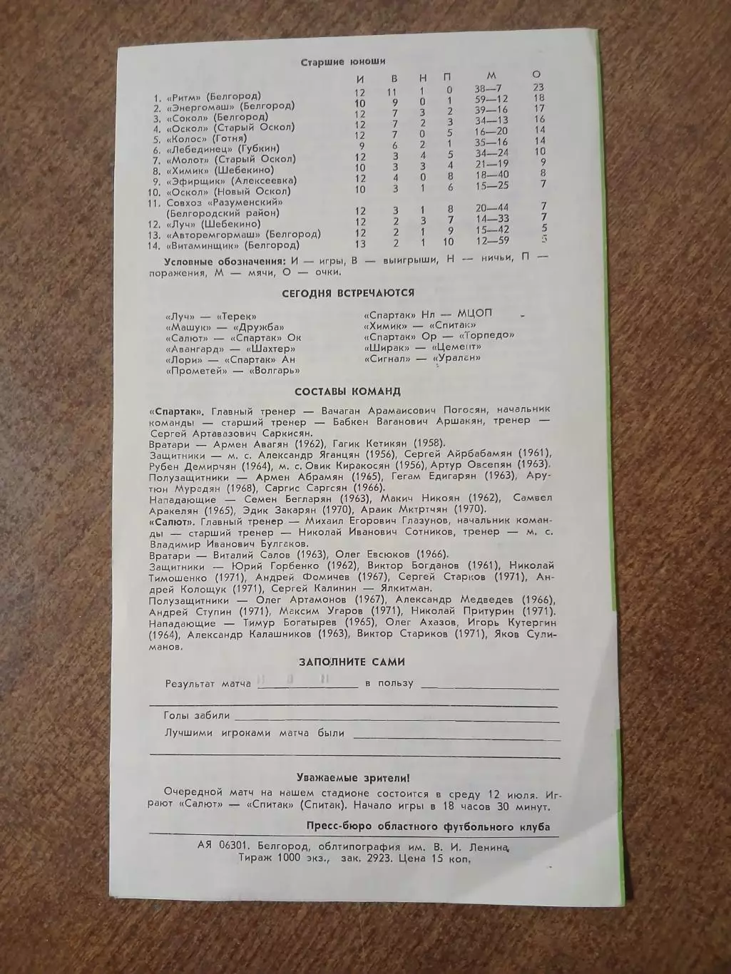 САЛЮТ (БЕЛГОРОД) -СПАРТАК(ОКТЕМБЕРЯН) 1989 Г. 1