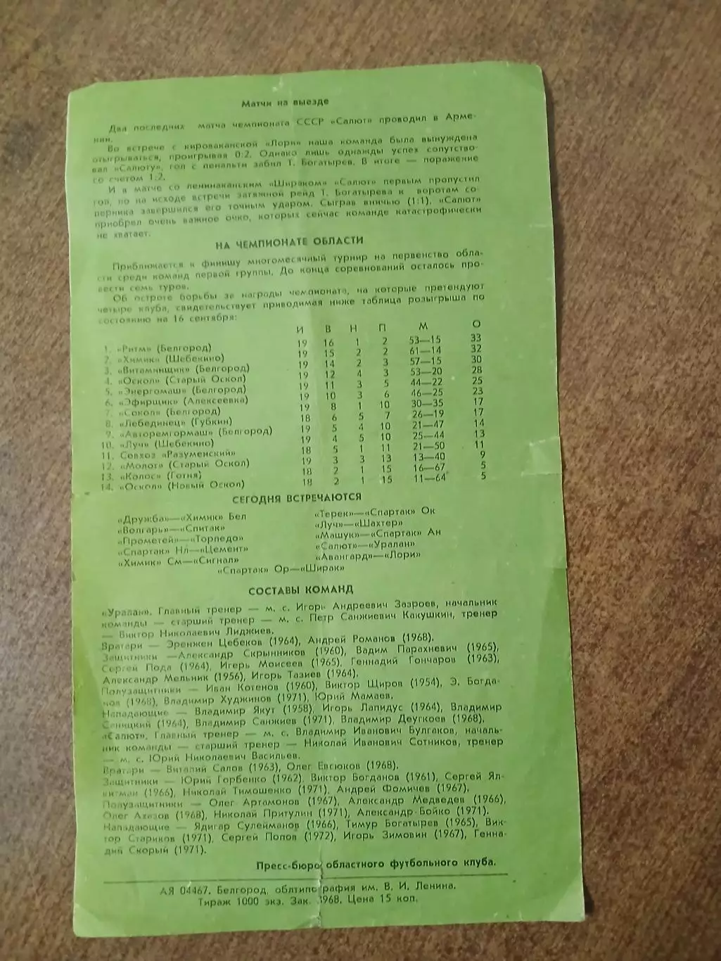 САЛЮТ (БЕЛГОРОД) -УРАЛАН(ЭЛИСТА) 1989 Г. 1