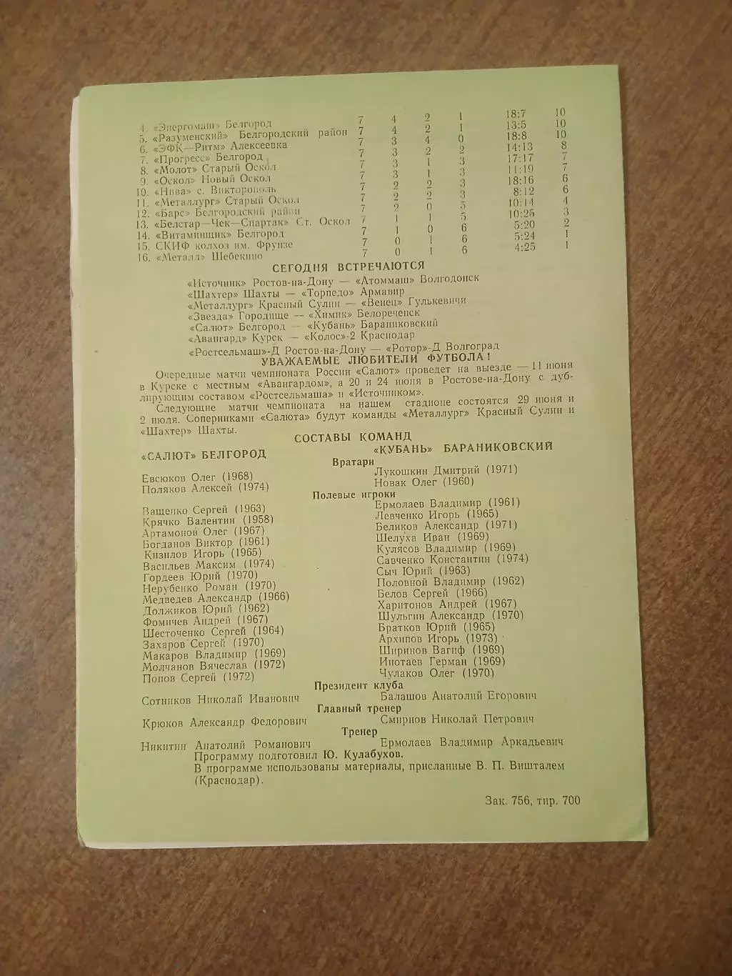 САЛЮТ(БЕЛГОРОД)- КУБАНЬ(БАРАНИКОВСКИЙ) 1993 ГОД 1