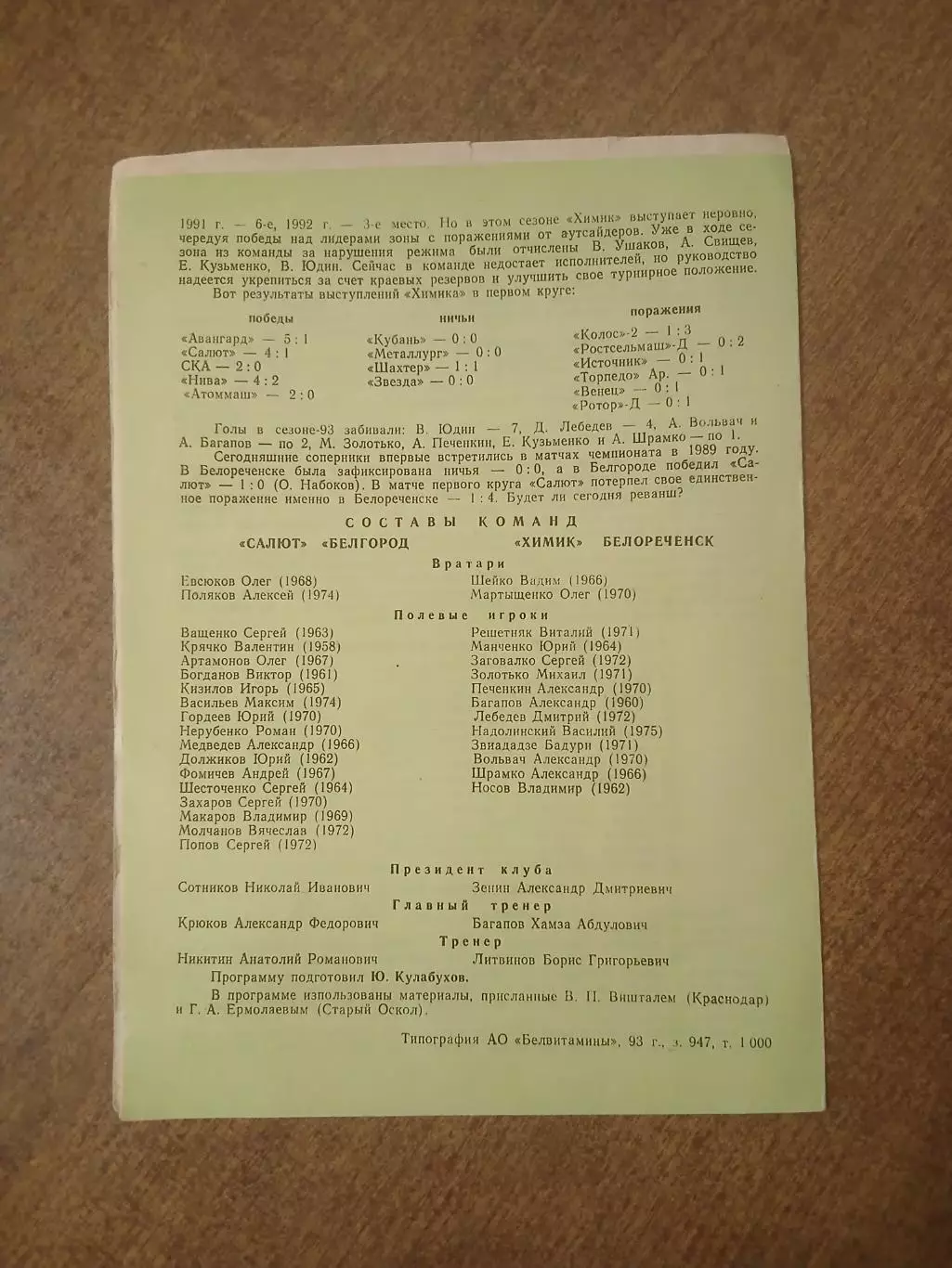 САЛЮТ(БЕЛГОРОД)- ХИМИК(БЕЛОРЕЧЕНСК) ) 1993 ГОД 1