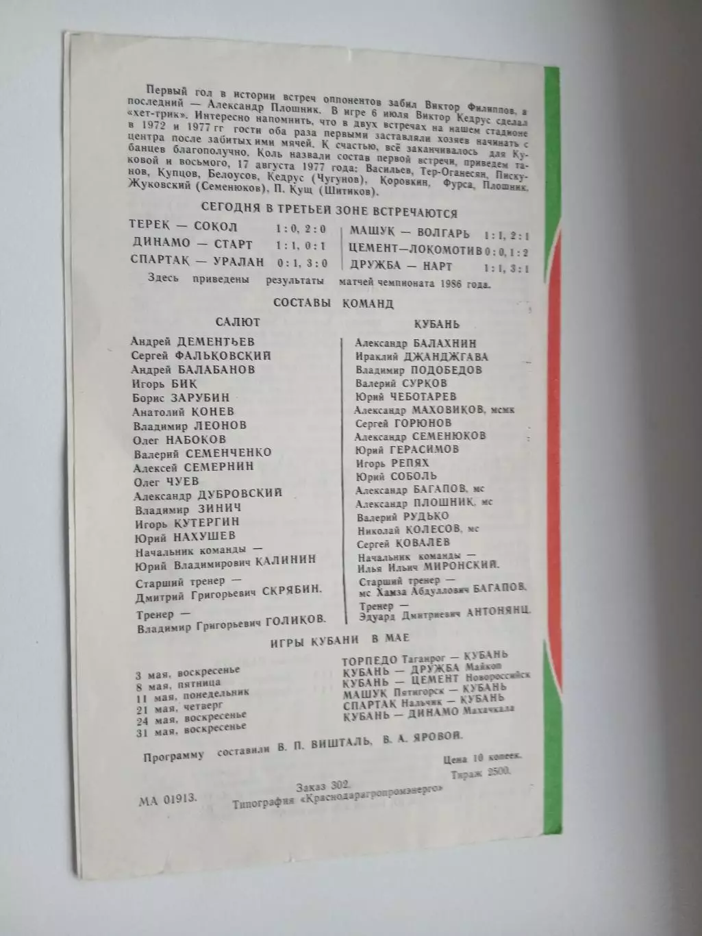 КУБАНЬ (КРАСНОДАР)-САЛЮТ (БЕЛГОРОД) 1987 год 1