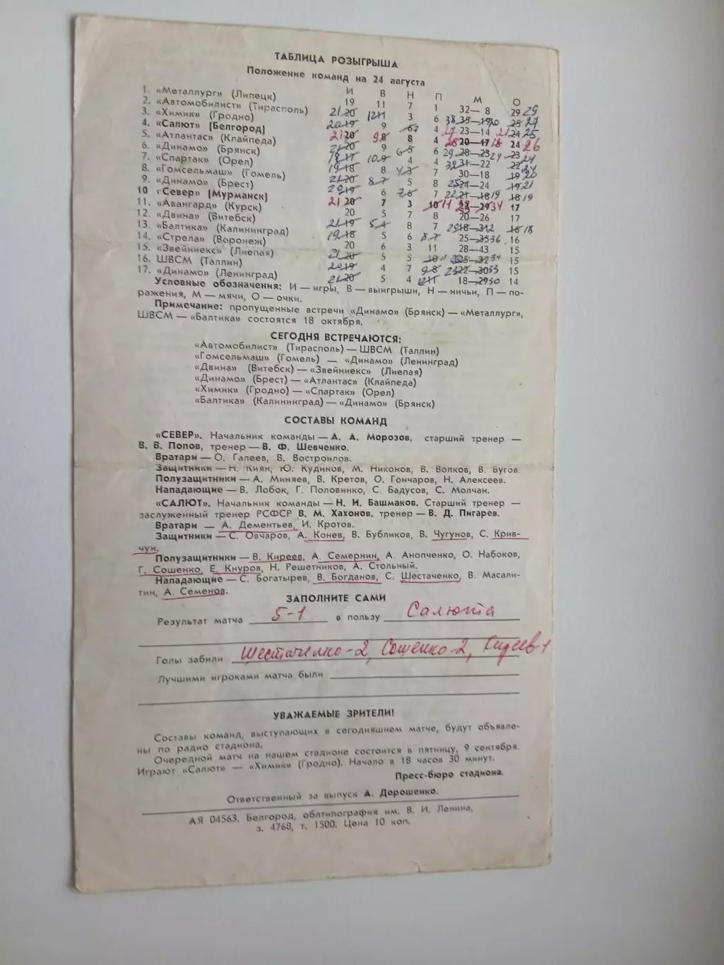 САЛЮТ (БЕЛГОРОД)- СЕВЕР(МУРМАНСК) 1983 Г. 1