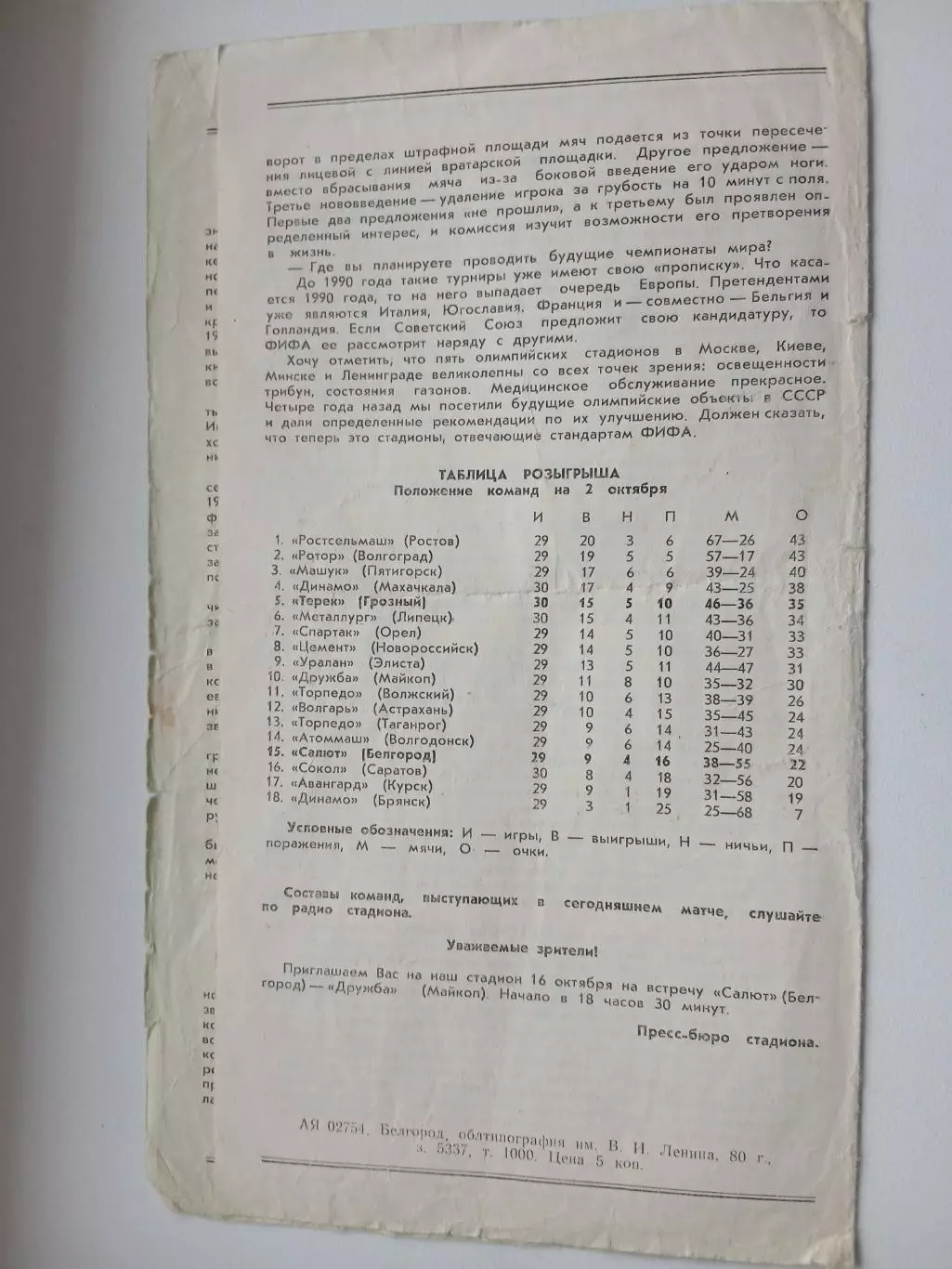 САЛЮТ (БЕЛГОРОД)- ТЕРЕК (ГРОЗНЫЙ) 1980 ГОД 1