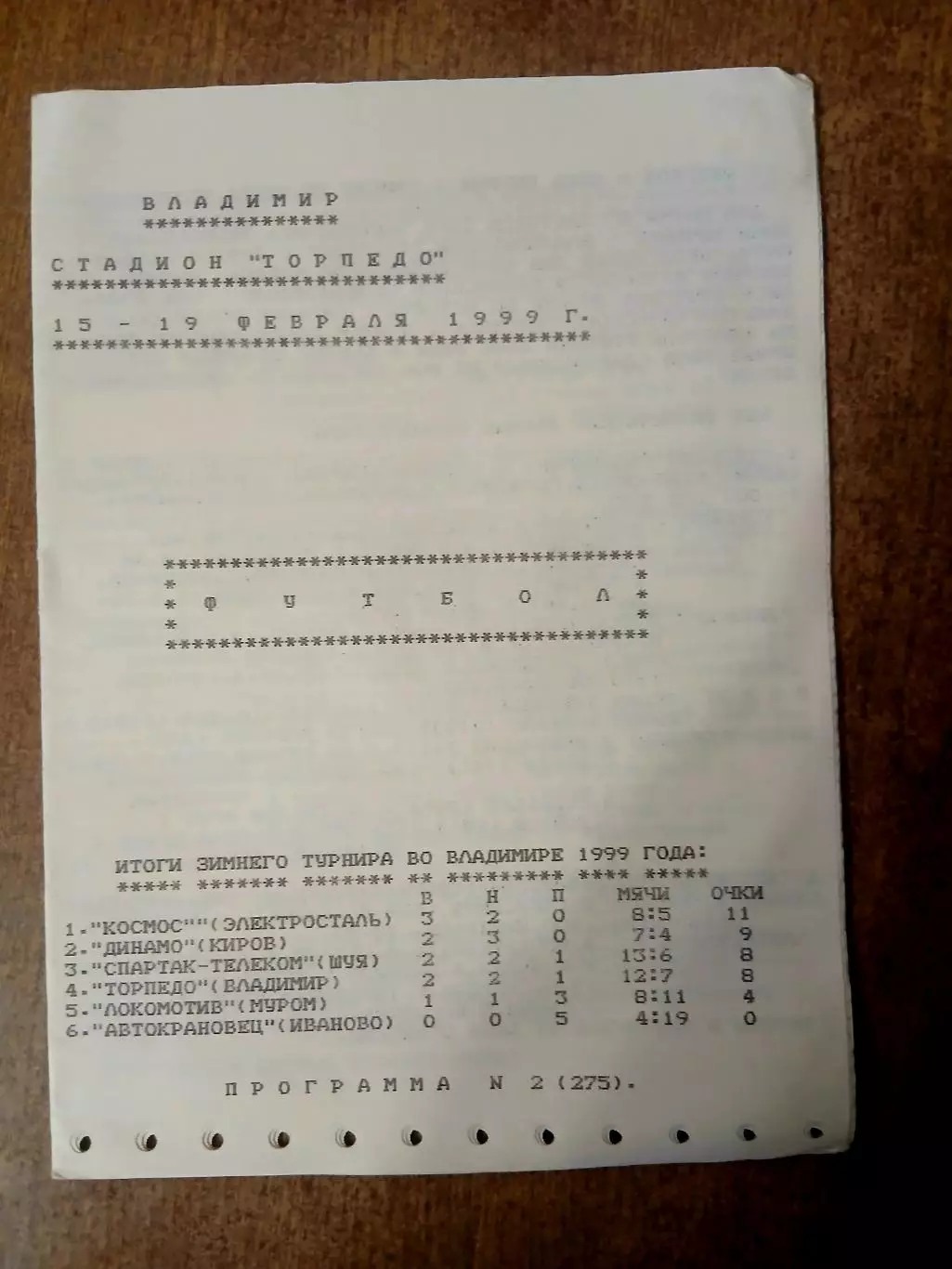 ЗИМНИЙ ТУРНИР 1999 ГОД ВЛАДИМИР. РЕДКОСТЬ