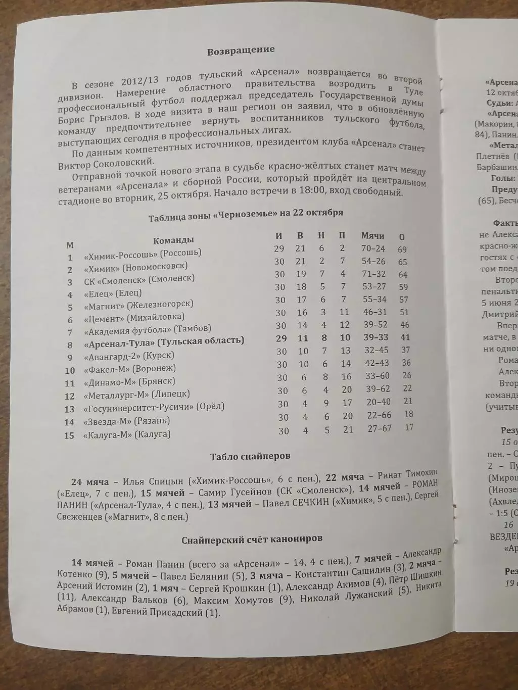 Программка матча.АРСЕНАЛ-ТУЛА- АВАНГАРД-2 (КУРСК)2011 ГОД 1
