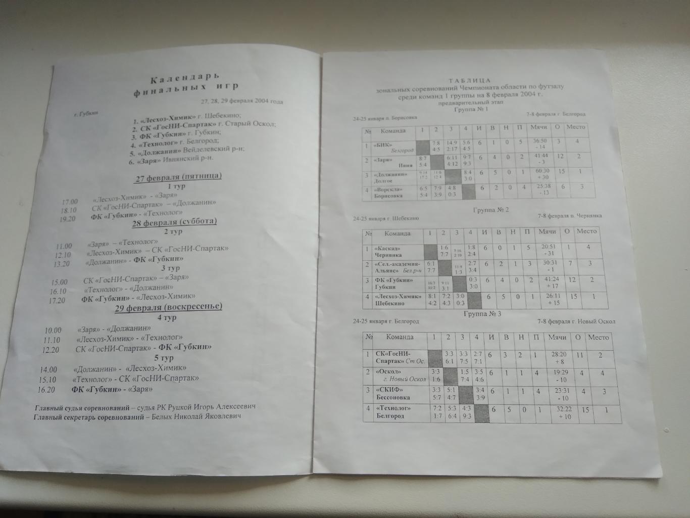 ПРОГРАММА ФИНАЛЬНОГО ТУРНИРА 2004 ГОД. ГУБКИН 1