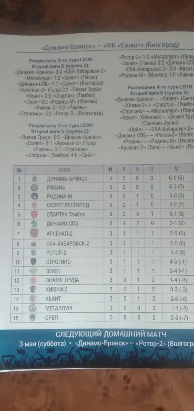 Программка матча ДИНАМО-БРЯНСК- САЛЮТ БЕЛГОРОД 2025 Г 1