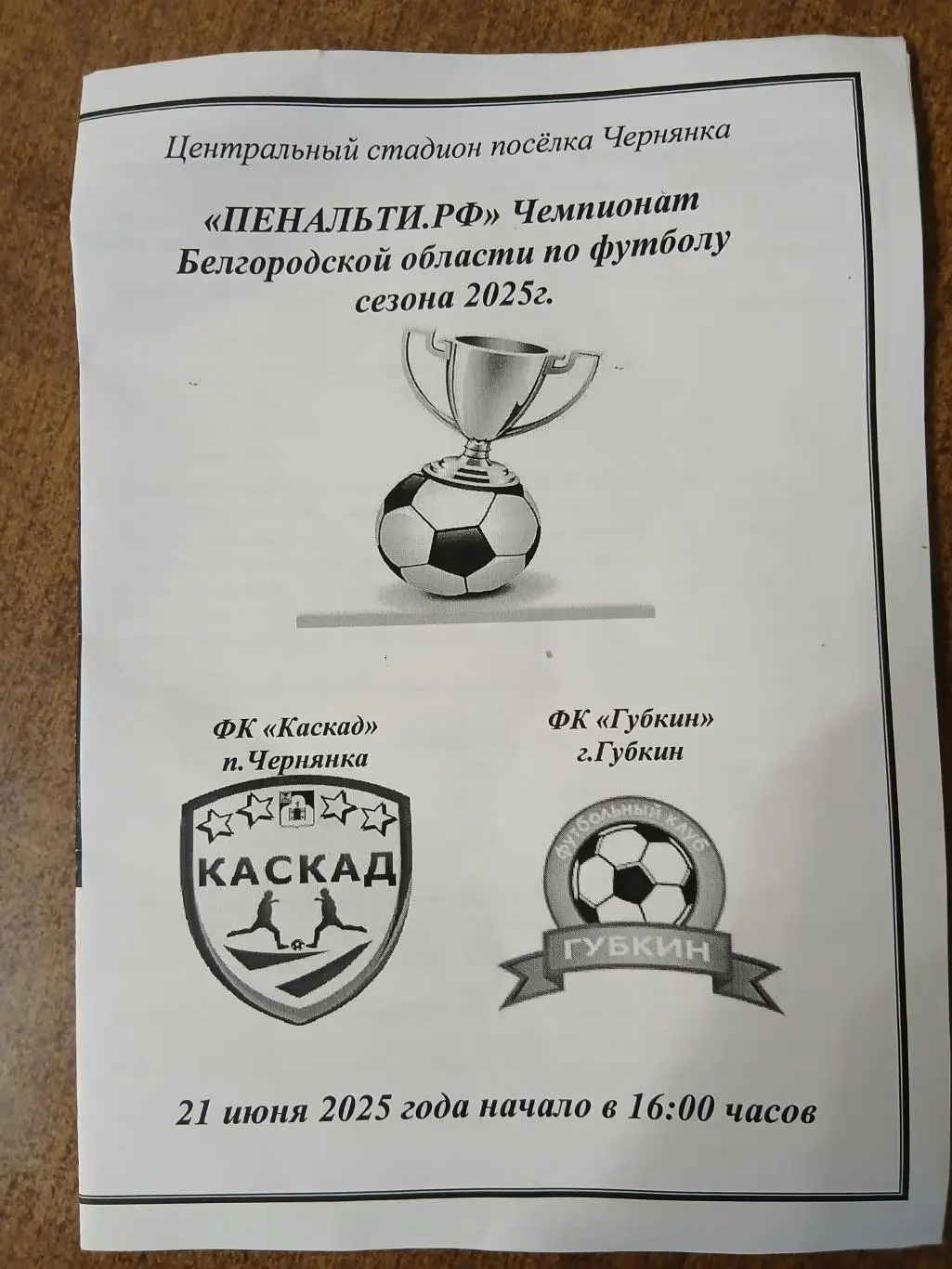 Программка матча КАСКАД(ЧЕРНЯНКА)- ФК ГУБКИН 2025 ГОД
