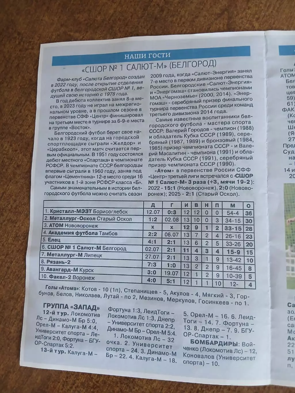 Программка матча АТОМ(НОВОВОРОНЕЖ)- -СШОР1САЛЮТ-М(БЕЛГОРОД) 2025 ГОД 2