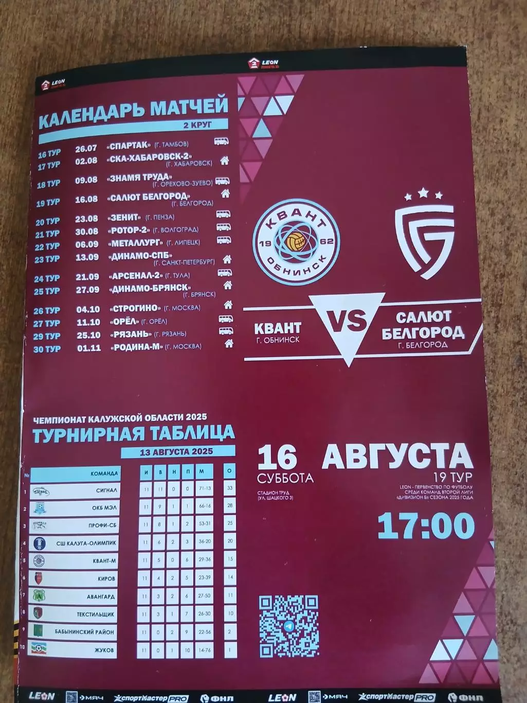 Программка матча КВАНТ(ОБНИНСК)-САЛЮТ БЕЛГОРОД 2025 ГОД