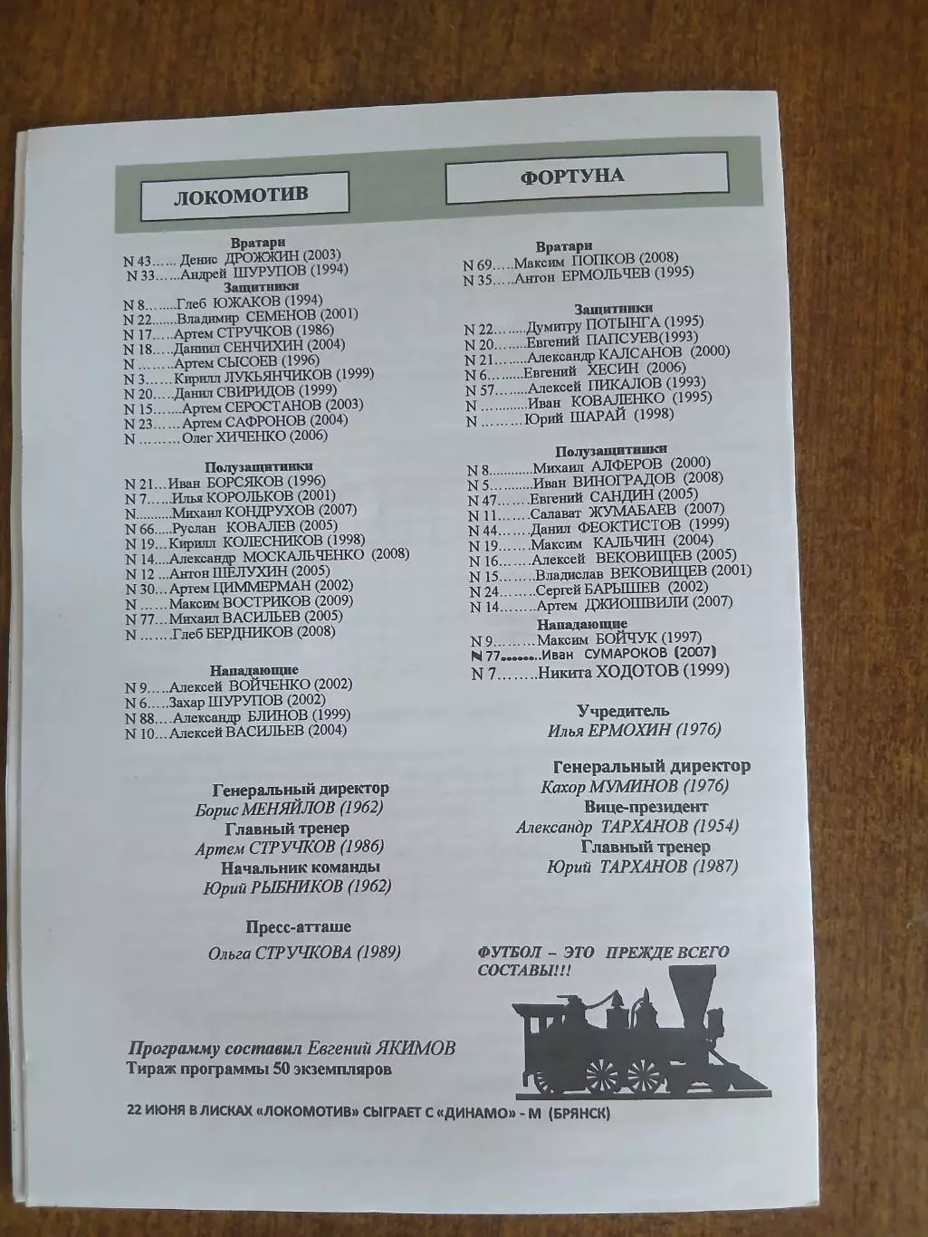Программка матча. ЛОКОМОТИВ (ЛИСКИ) -ФОРТУНА(БОРОВСК)2025 ГОД 1