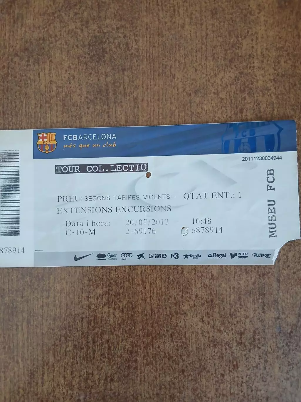 БИЛЕТ НА МУЗЕЙ ФК БАРСЕЛОНА. 2012 ГОД
