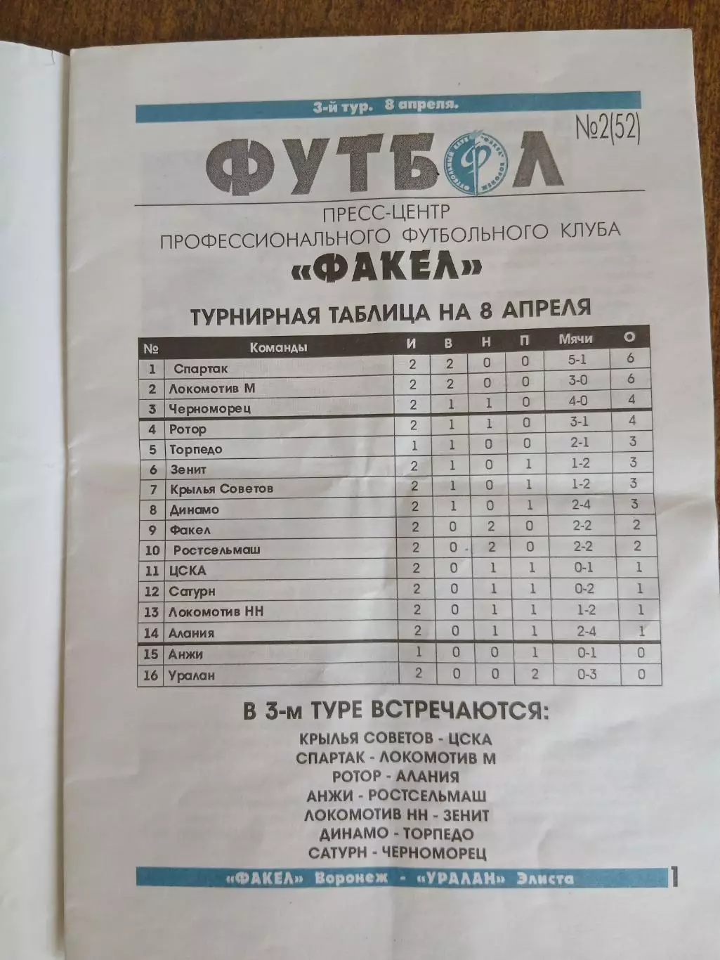 Программка матча ФАКЕЛ (ВОРОНЕЖ)-УРАЛАН(ЭЛИСТА) 2000ГОД 1