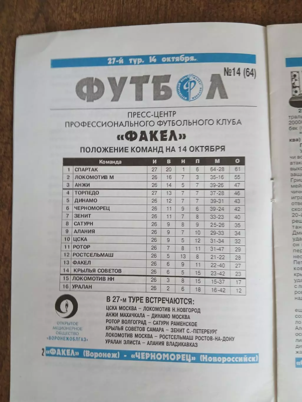 Программка матча ФАКЕЛ (ВОРОНЕЖ)-ЧЕРНОМОРЕЦ(НОВОРОССИЙСК) 2000ГОД 1