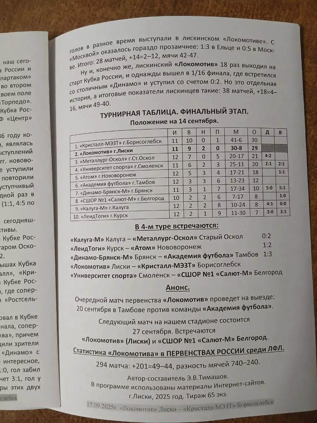 Программка матча ЛОКОМОТИВ(ЛИСКИ)- КРИСТАЛЛ-МЭЗТ(БОРИСОГЛЕБСК) 2025ГОД 1