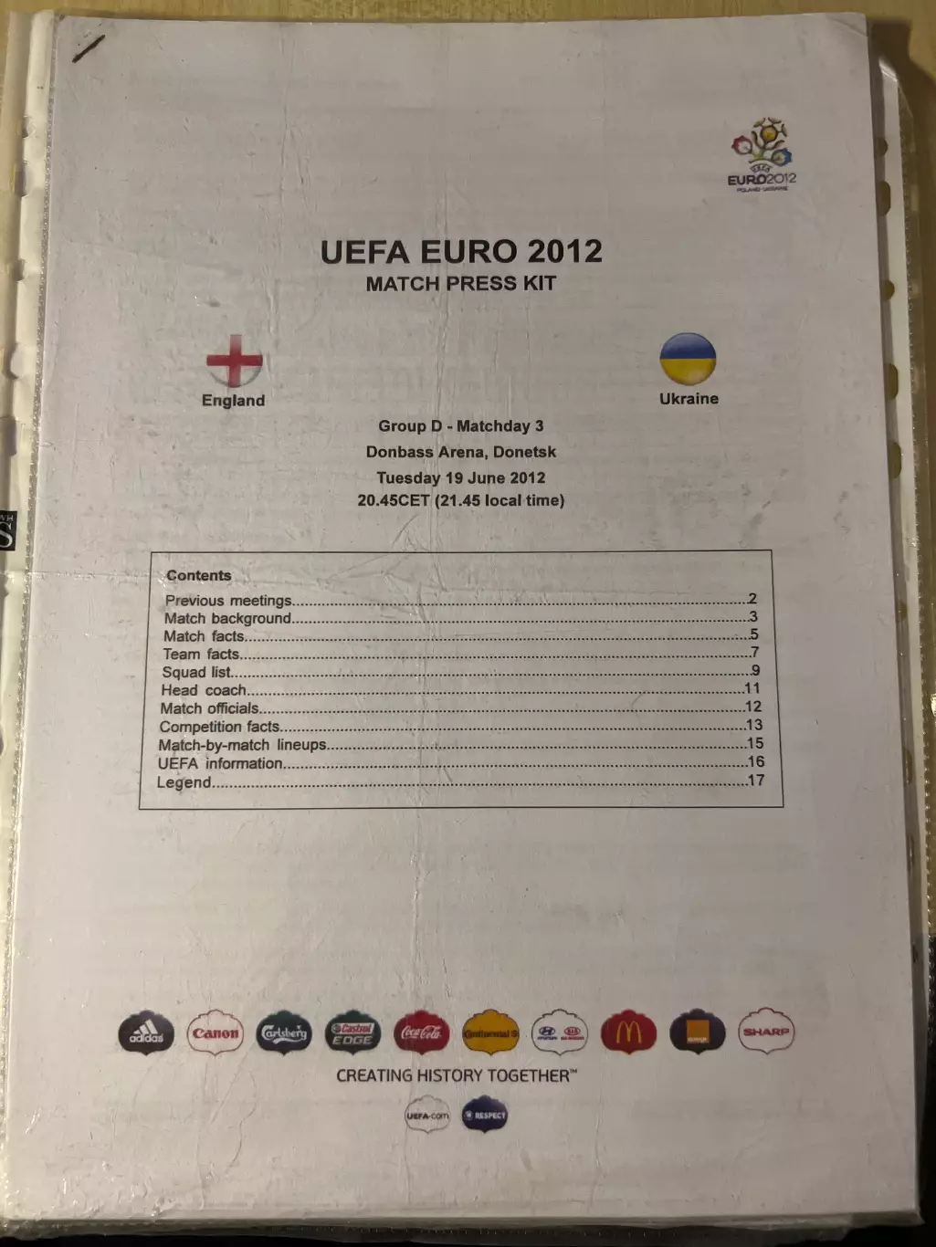 пресс-кит (press kit) Англия - Украина 2012 ЕВРО