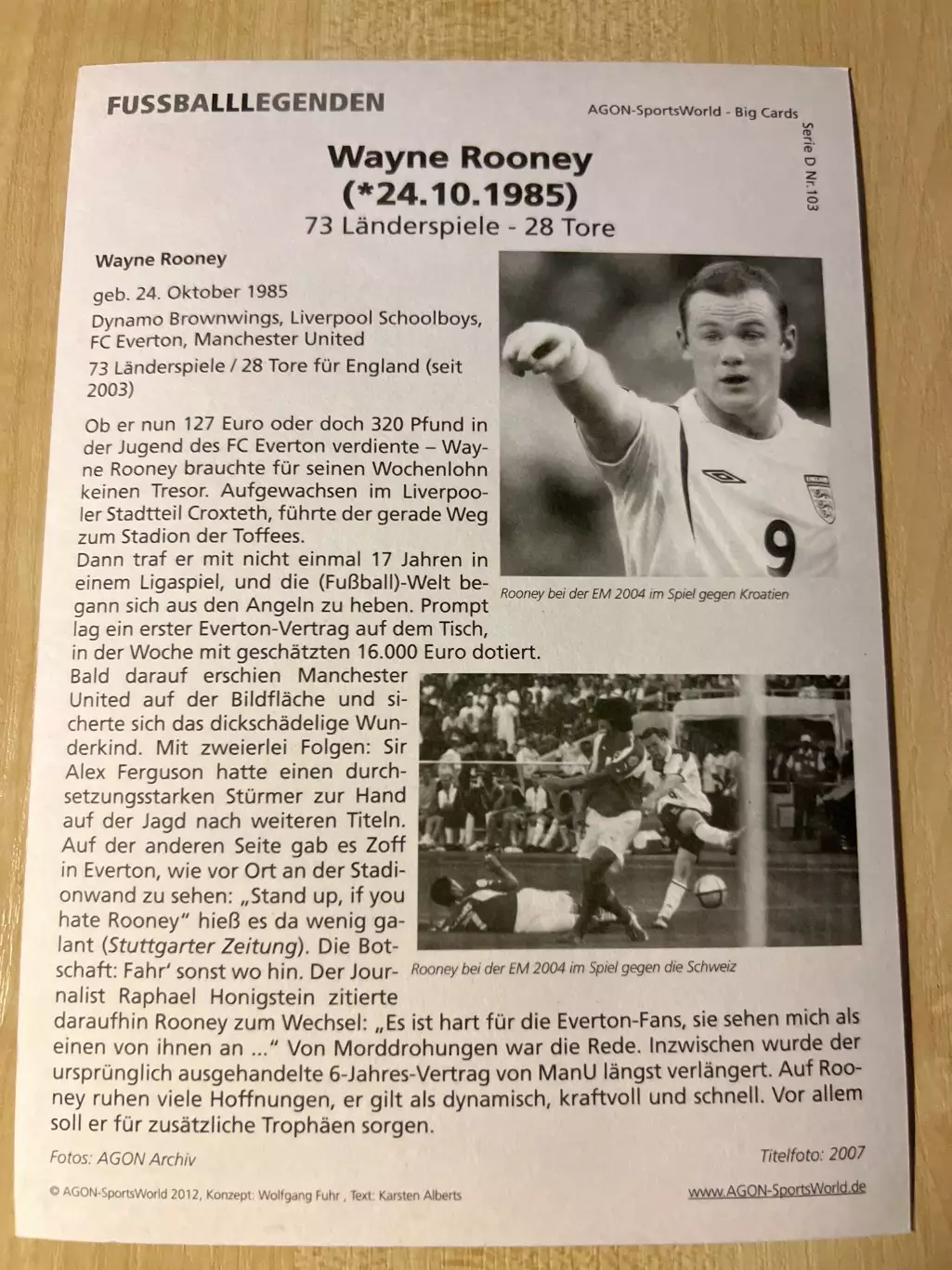 Футбол. Карточка (открытка) - Уэйн Руни Манчестер Англия 1