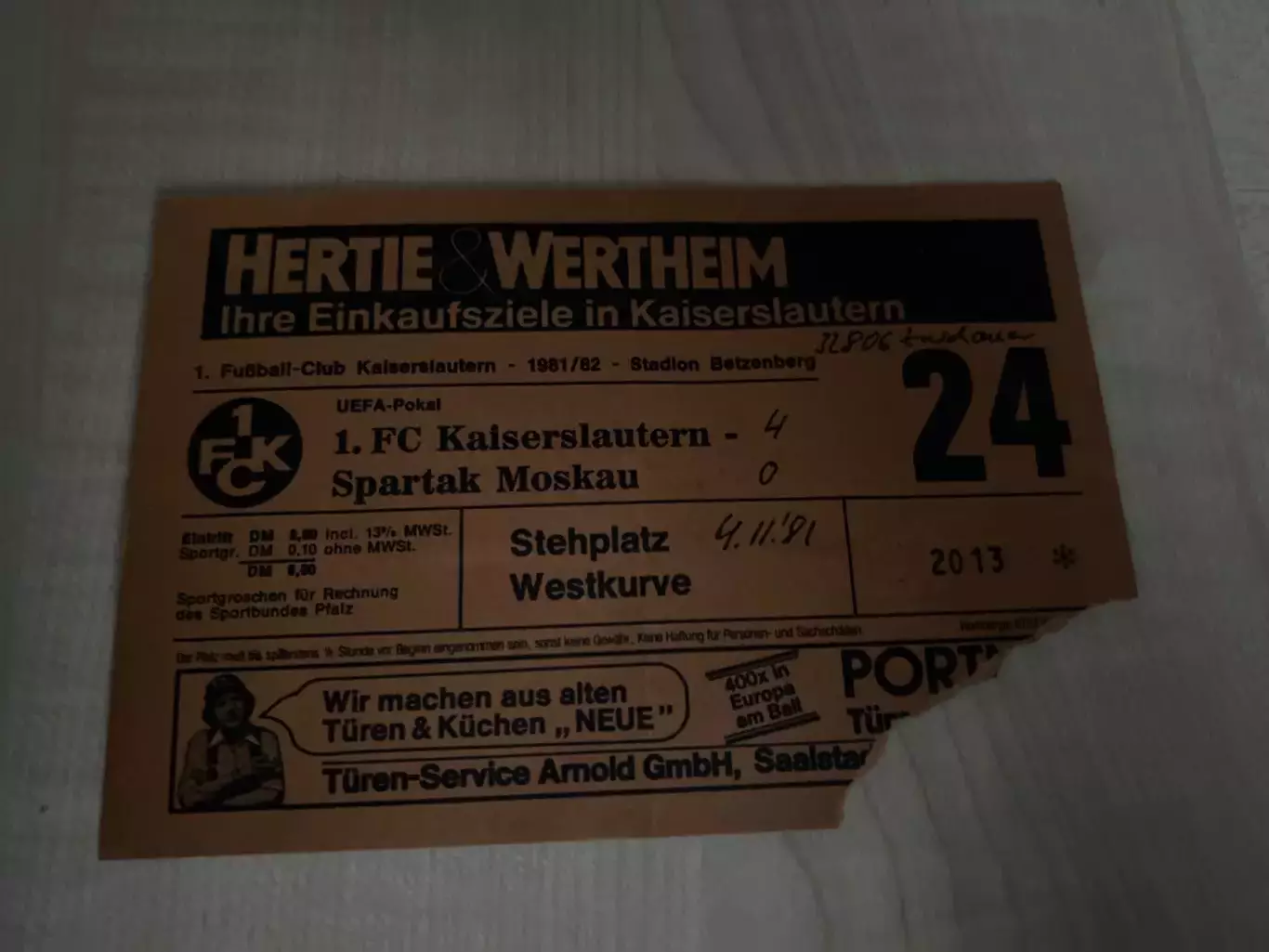 Билет Кайзерслаутерн Германия - Спартак Москва СССР Россия 1981-1982