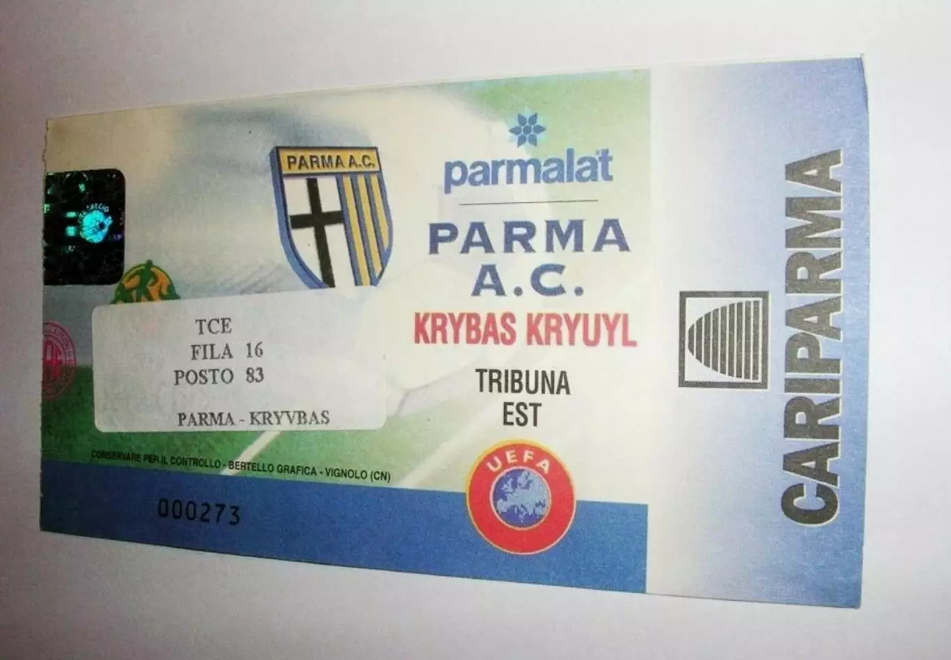 Билет Парма Италия - Кривбасс Кривой Рог Украина 1999