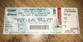 Хоккей. Билет Финляндия (сборная) - Россия (сборная) 2008 Чемпионат Мира