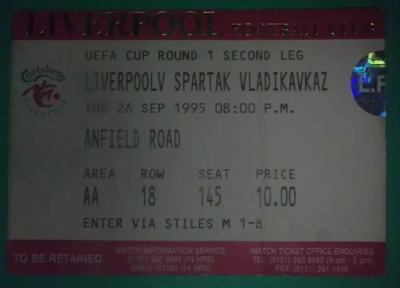 Футбол. Билет Ливерпуль Англия - Спартак Владикавказ Россия 1995