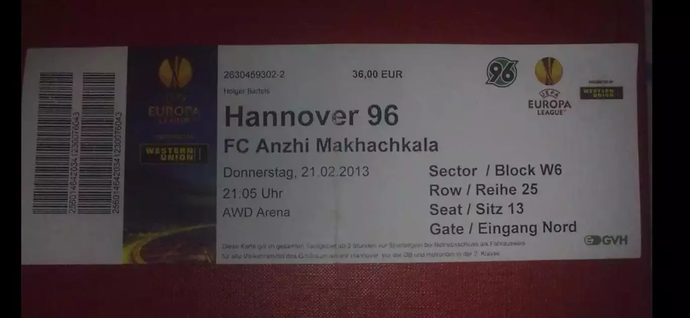 Билет Ганновер Германия - Анжи Махачкала 2012-2013