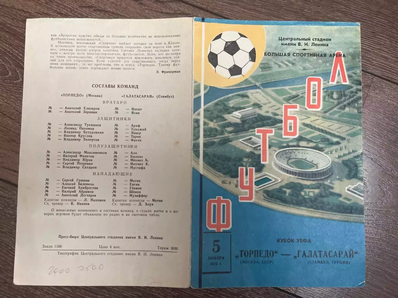 Программа Торпедо Москва СССР - Галатасарай Турция 1975