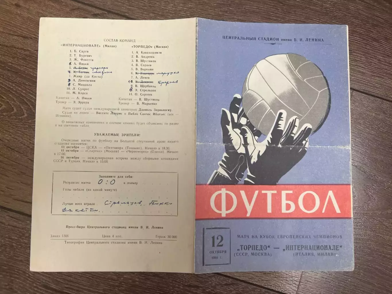 Программа Торпедо Москва СССР - Интер Италия 1966