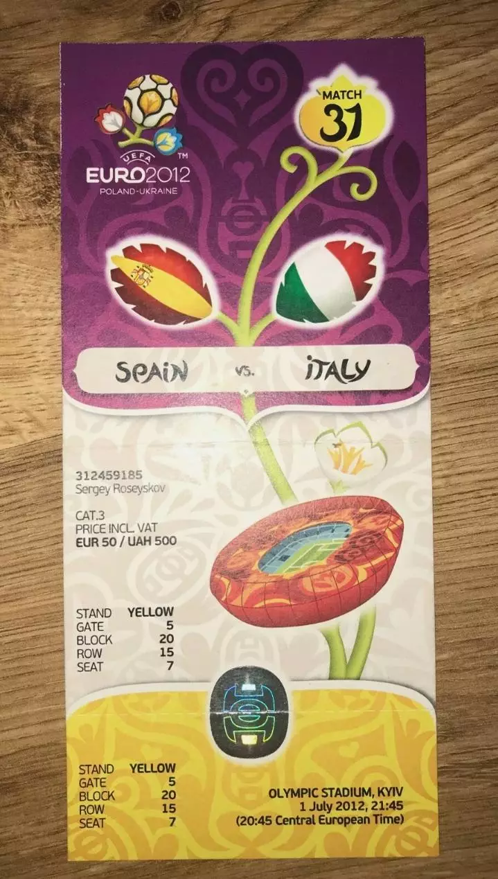 Билет Испания - Италия 2012 ЕВРО финал (c флагами)