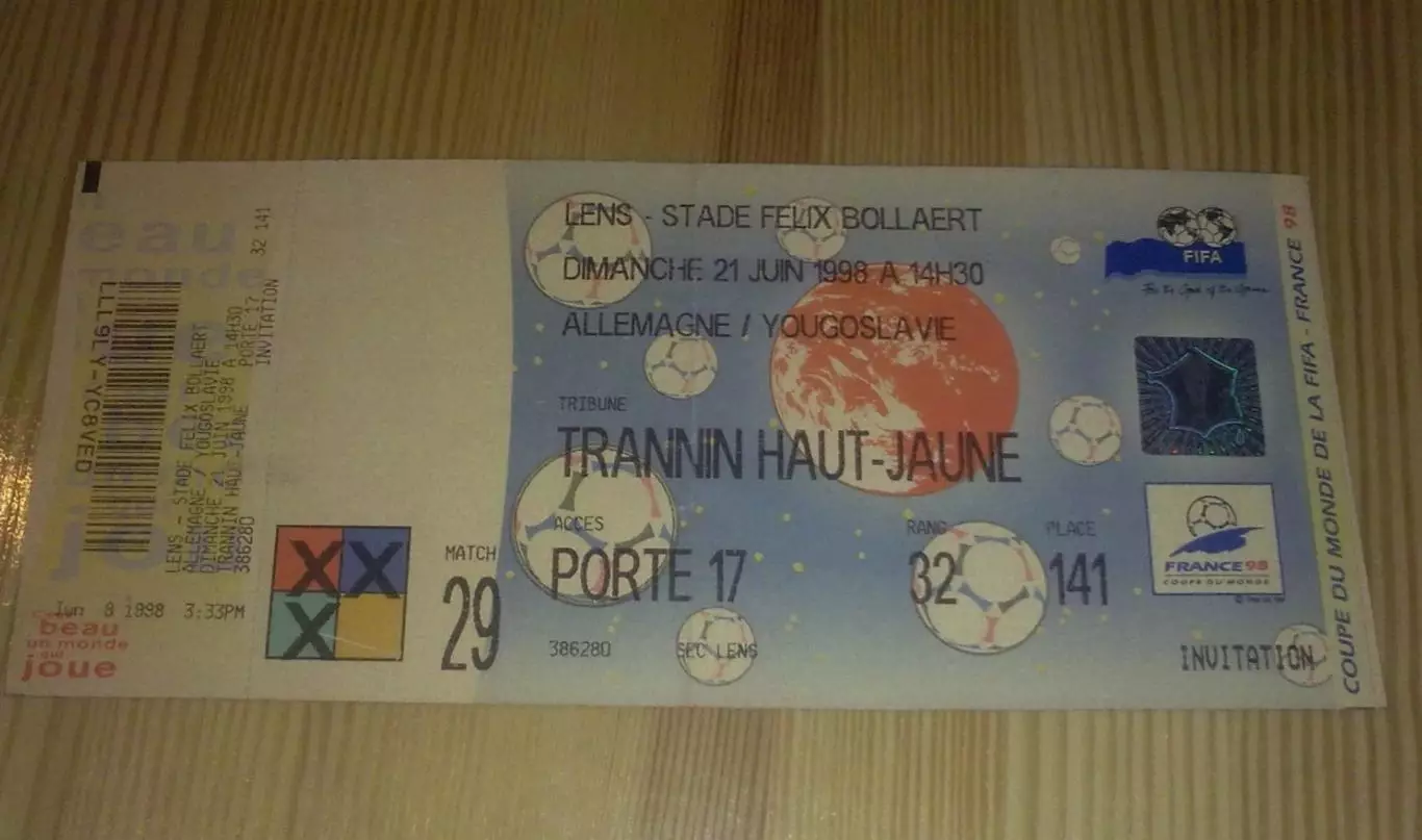 Билет Германия - Югославия 1998 Чемпионат Мира #29