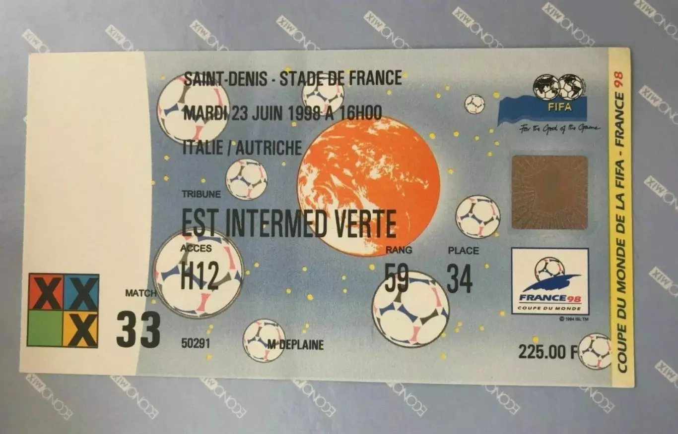 Билет Италия - Австрия 1998 Чемпионат Мира #33