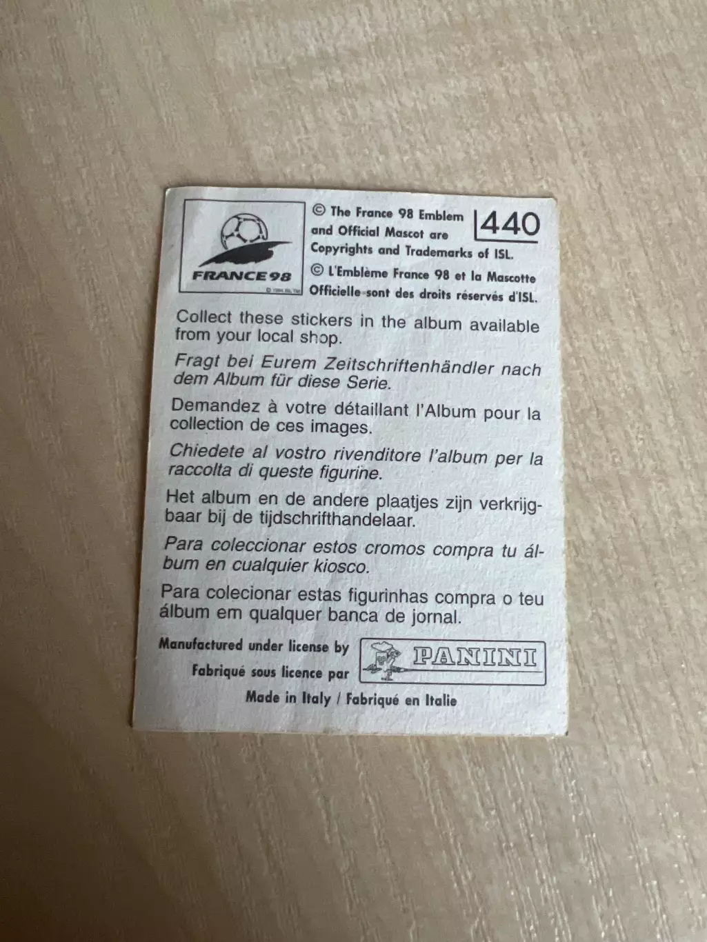 Наклейка Панини (PANINI) Чемпионат Мира 1998 - номер 440 1