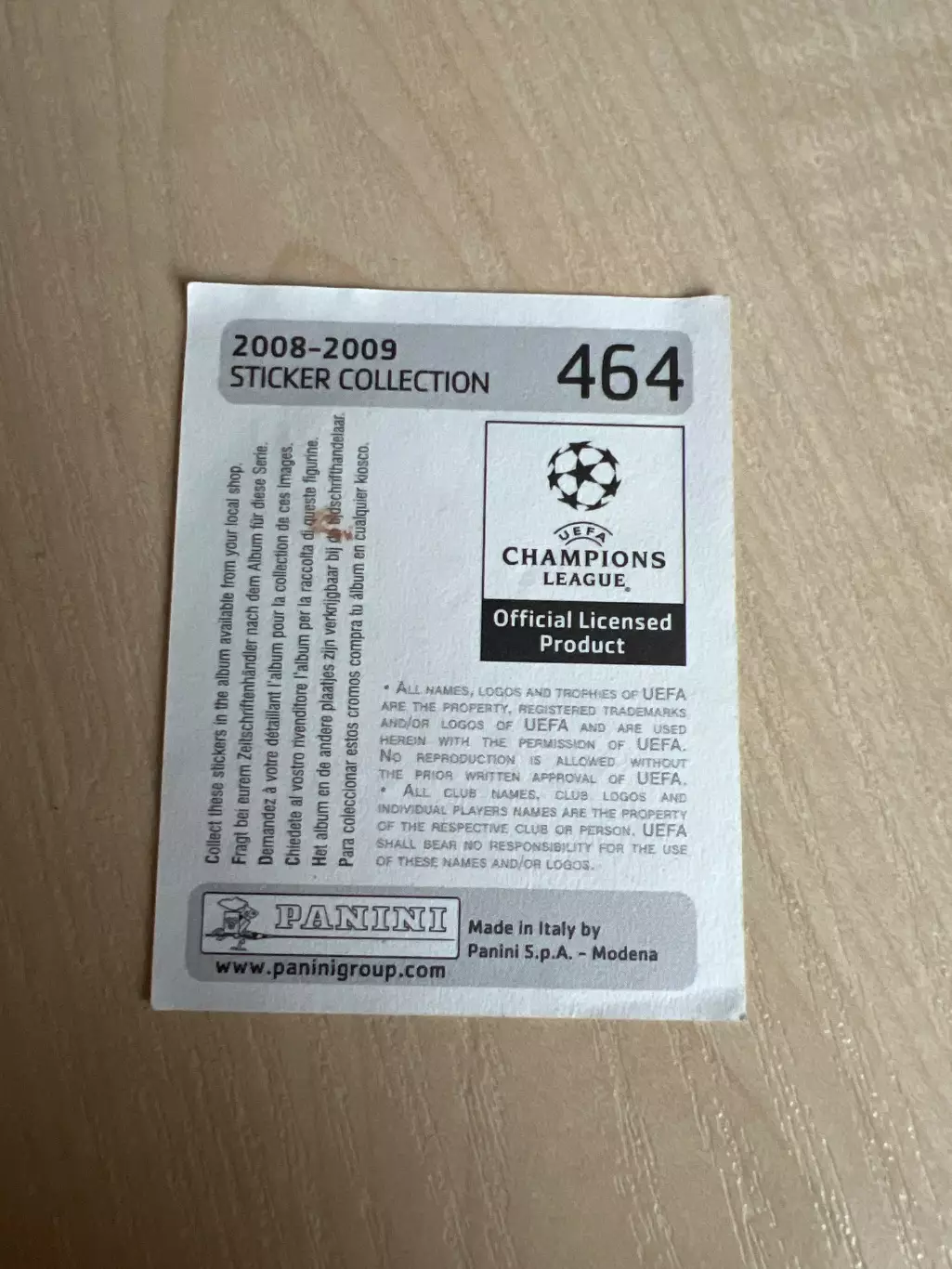 Наклейка Панини (PANINI) Лига Чемпионов 2008-2009 - номер 464 1