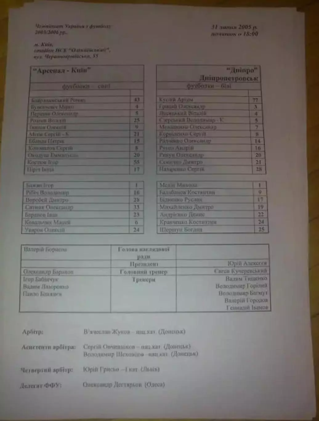пресс-лист Арсенал Киев - Днепр Днепропетровск 2005-2006