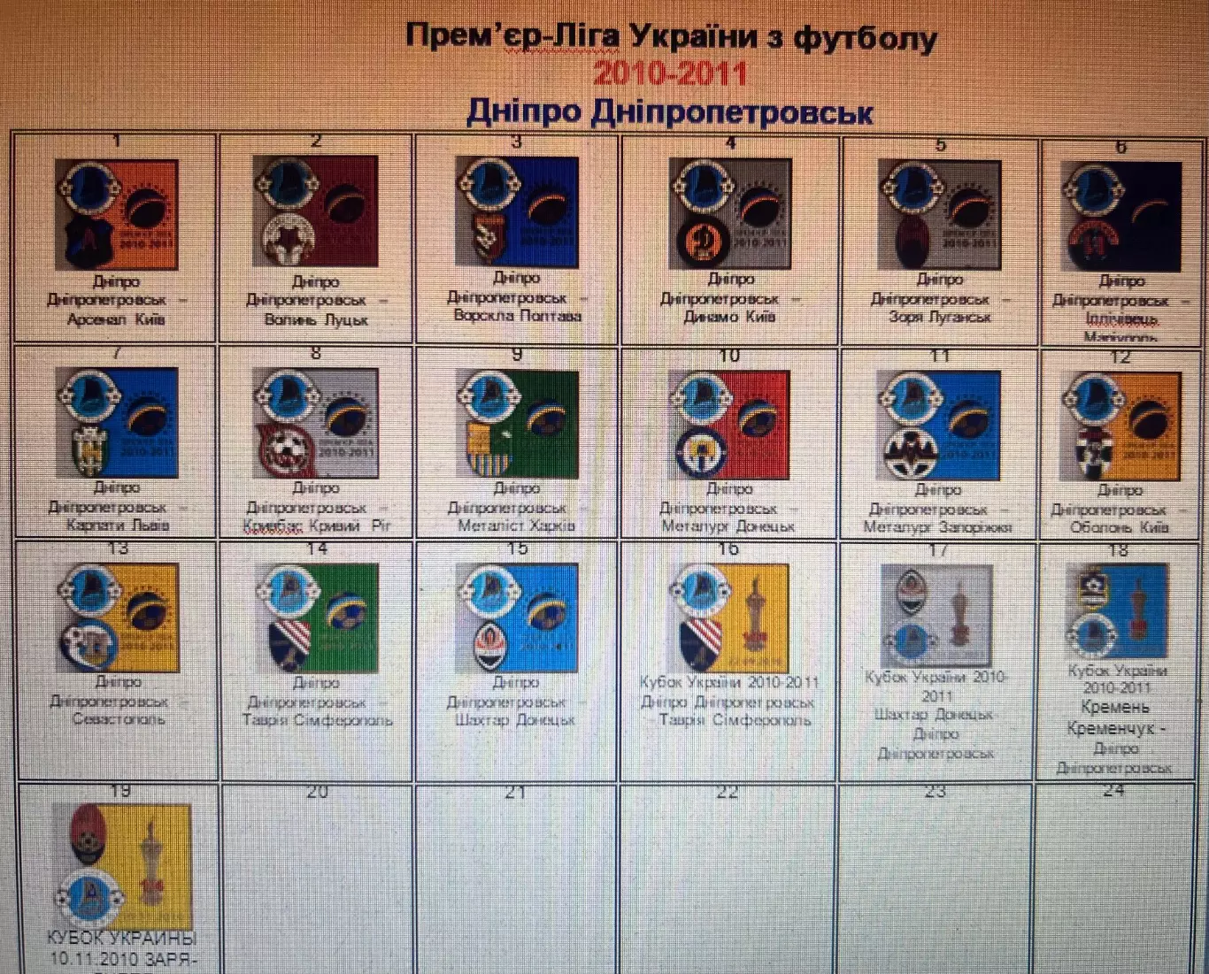 Набор 19 шт Футбол. Знак Днепр Днепропетровск 2010-2011