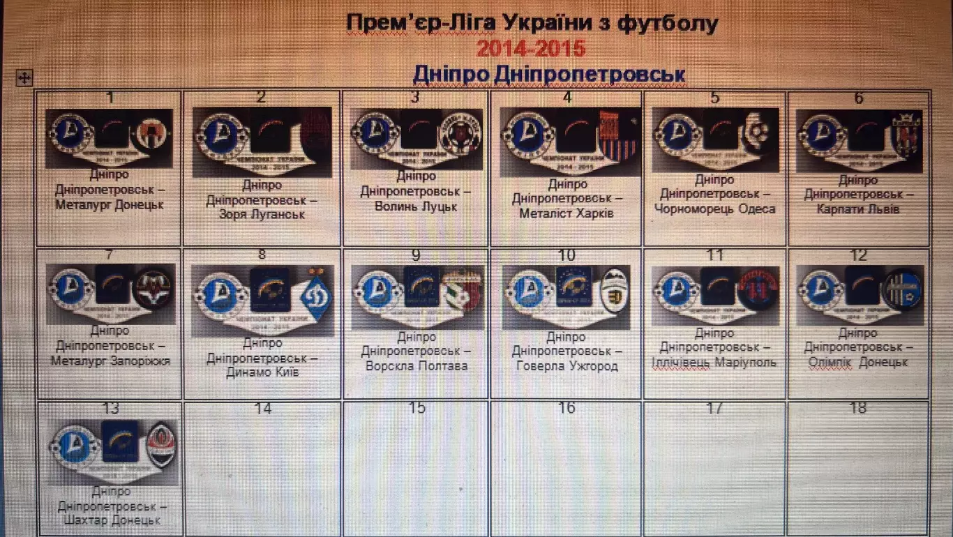 Набор 13 шт Футбол. Знак Днепр Днепропетровск 2014-2015